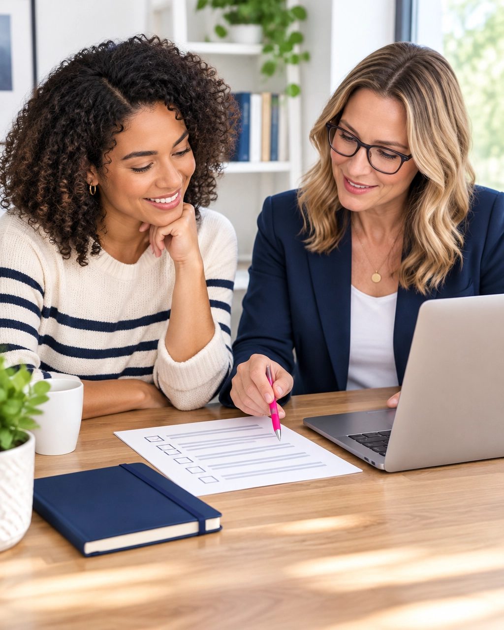 Small-business owner and bookkeeping coach reviewing QuickBooks setup steps together