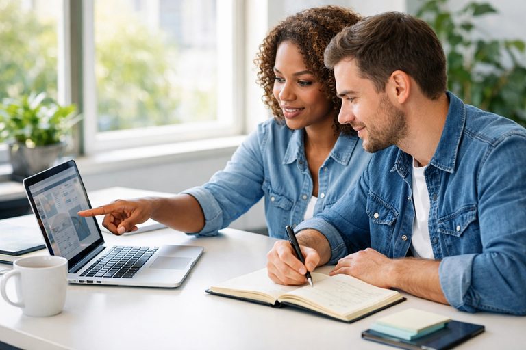 A coach and a business owner reviewing QuickBooks together