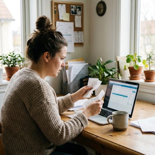 A small business owner reviewing a receipt at her laptop
